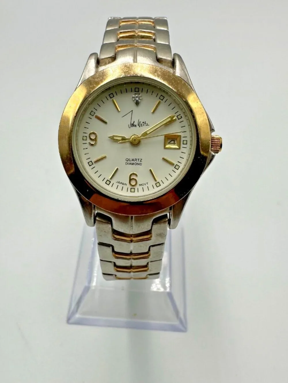 John Weitz Watch Women Silver Gold Two Tone Date Window New Battery 7 Inch